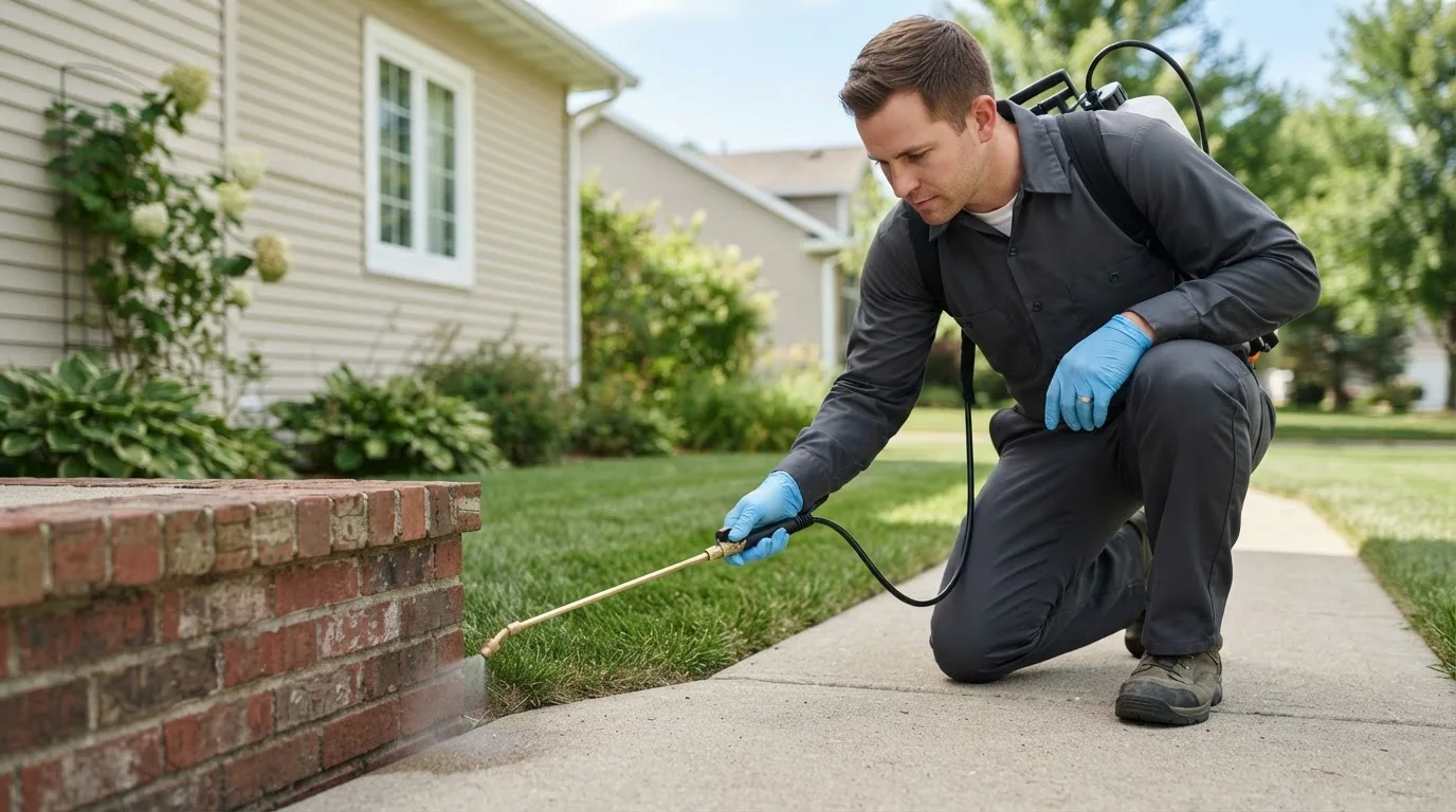 Pest control technician treating a home near Louisburg, MO