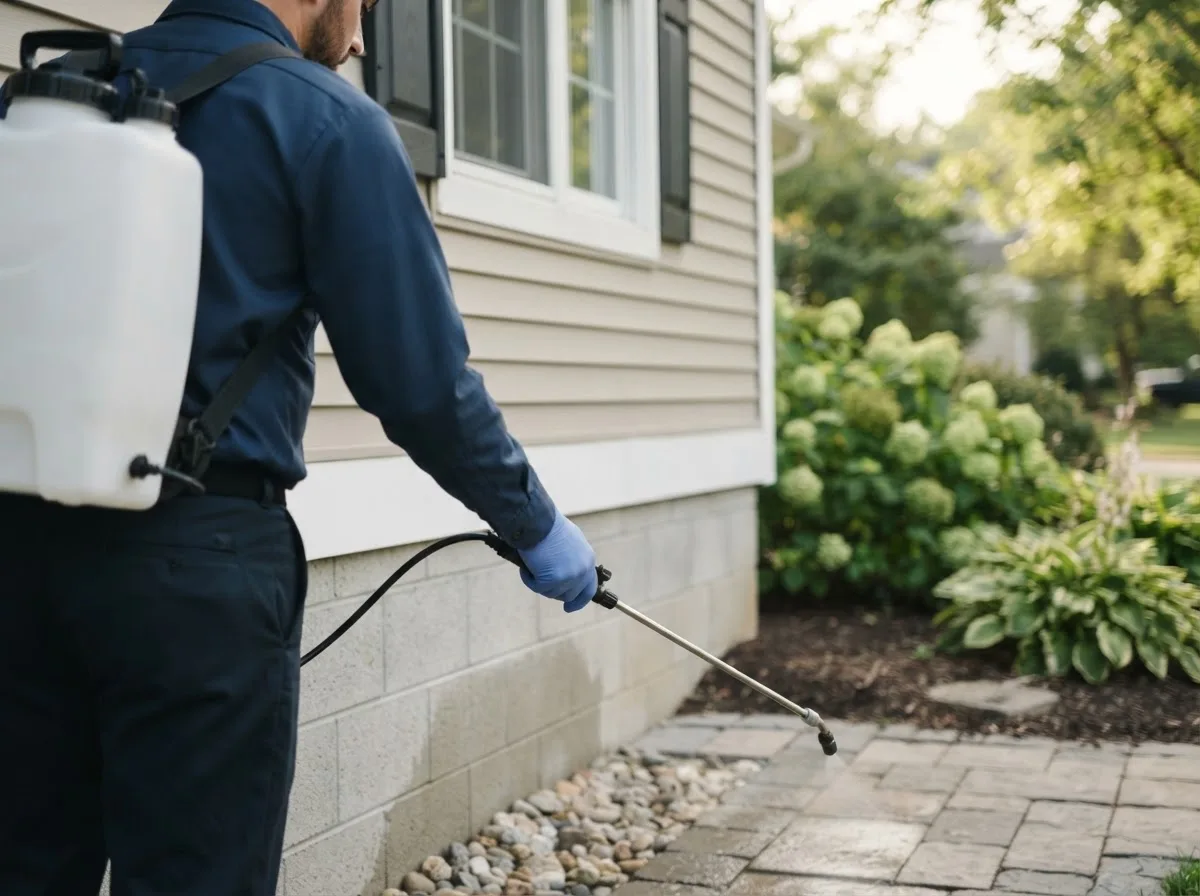 Pest control technician inspecting a home in Louisburg, MO